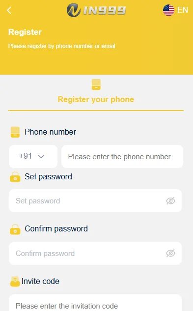 In999 game register page